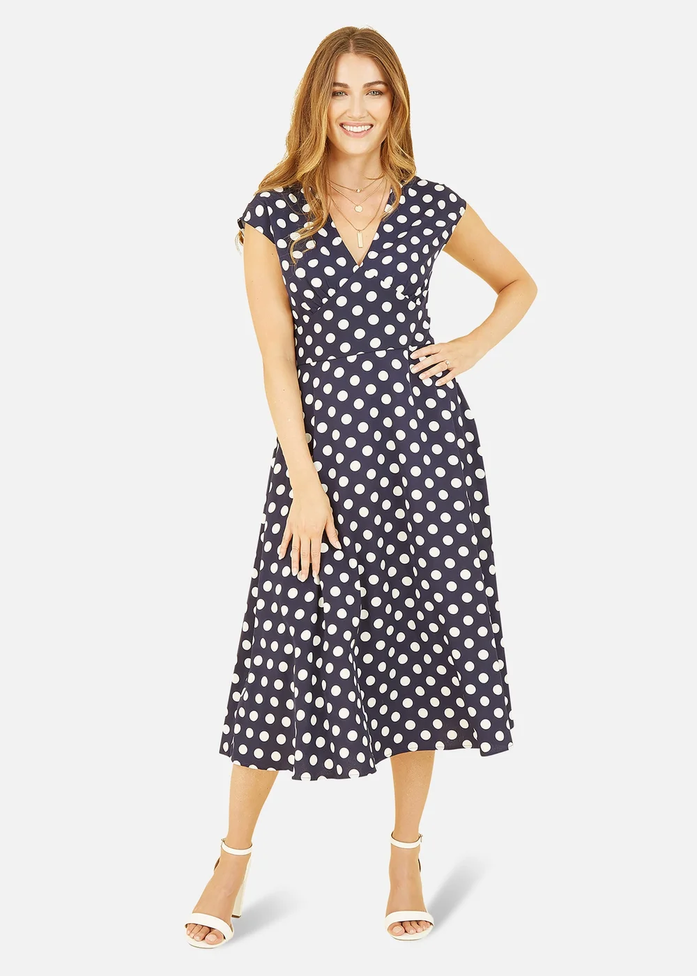 Yumi Navy Spot Print Kimono Sleeve Midi Dress - 8 Image 1