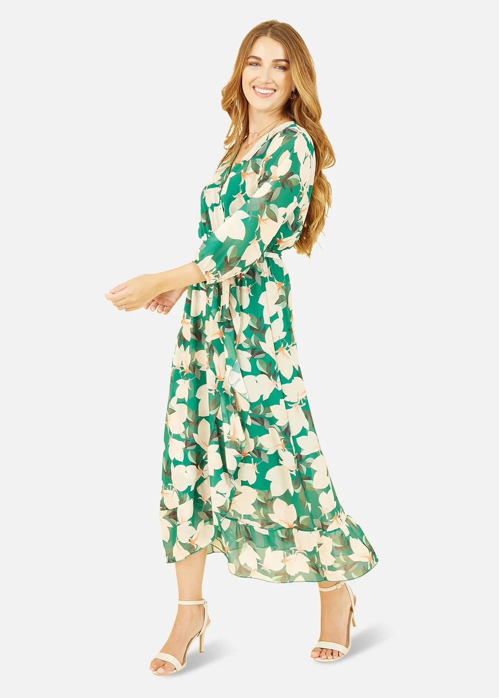 Yumi Green Blossom Wrap Midi Dress With 3/4 Sleeves - 8 Image 1