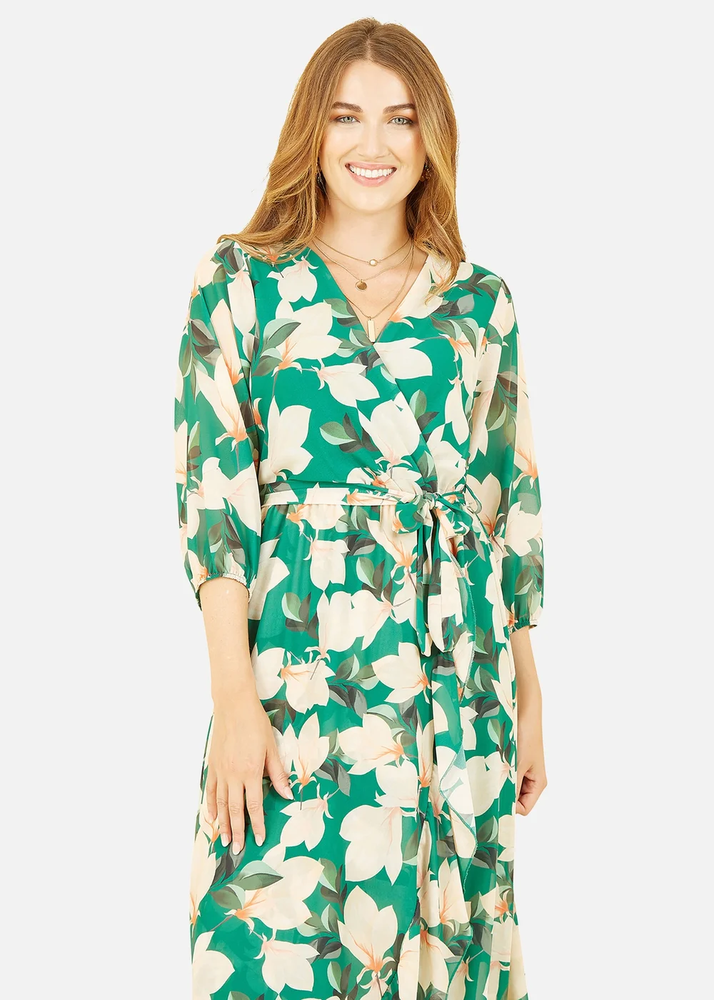 Yumi Green Blossom Wrap Midi Dress With 3/4 Sleeves - 8 Image 2