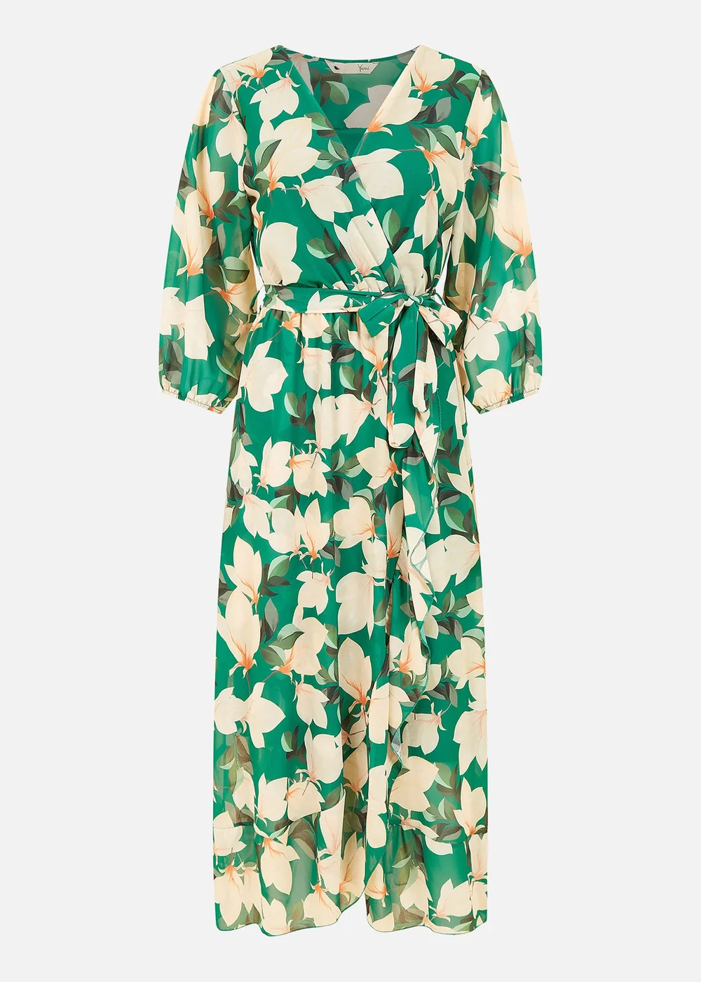 Yumi Green Blossom Wrap Midi Dress With 3/4 Sleeves - 8 Image 4