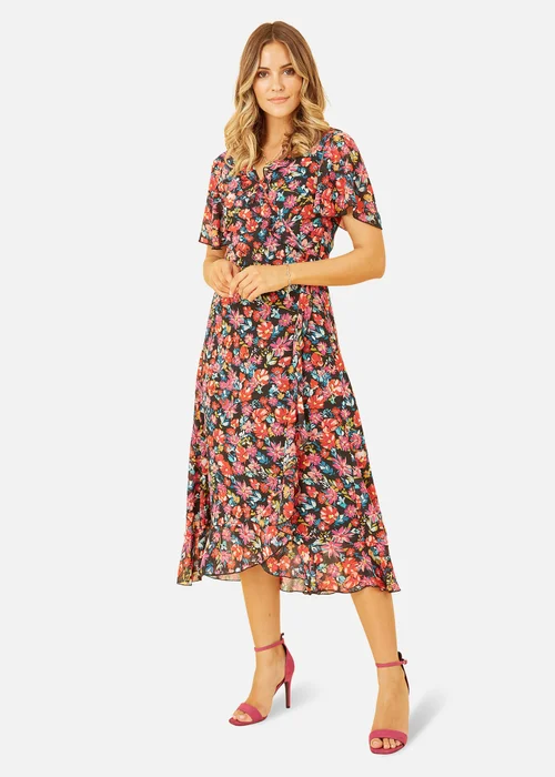 Yumi Black Floral Wrap Midi Dress - 8 Image 2