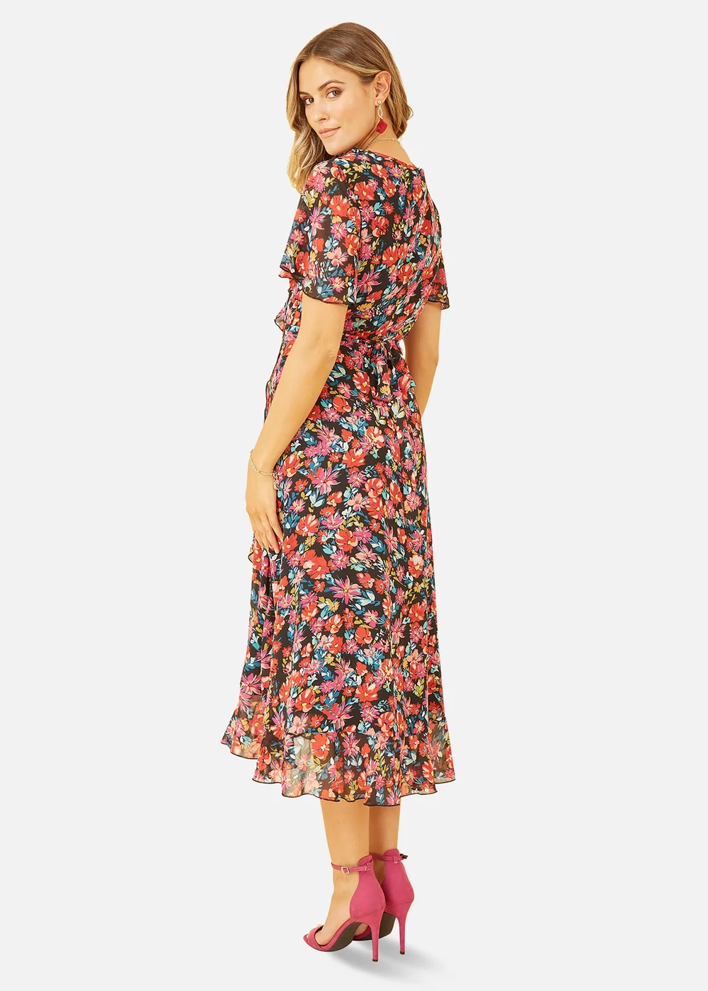 Yumi Black Floral Wrap Midi Dress - 8 Image 3