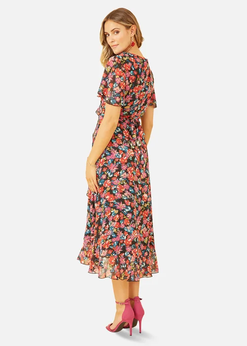 Yumi Black Floral Wrap Midi Dress - 8 Image 3