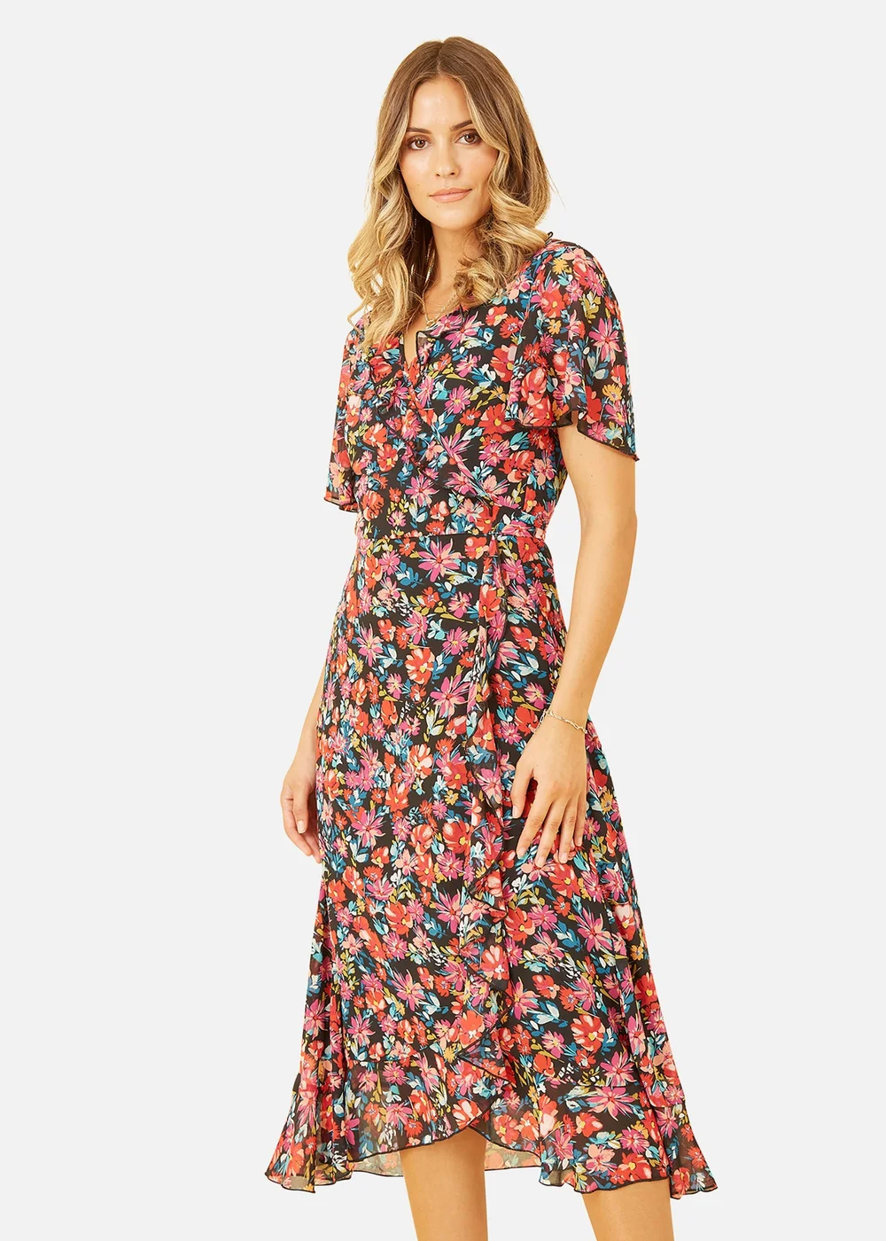 Yumi Black Floral Wrap Midi Dress - 8 Image 1
