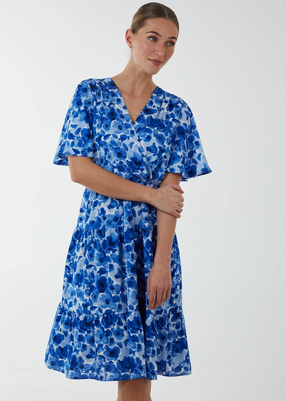 Blue Vanilla Blue Wrap Front Tier Hem Angel Sleeve Dress - 8 Image 1