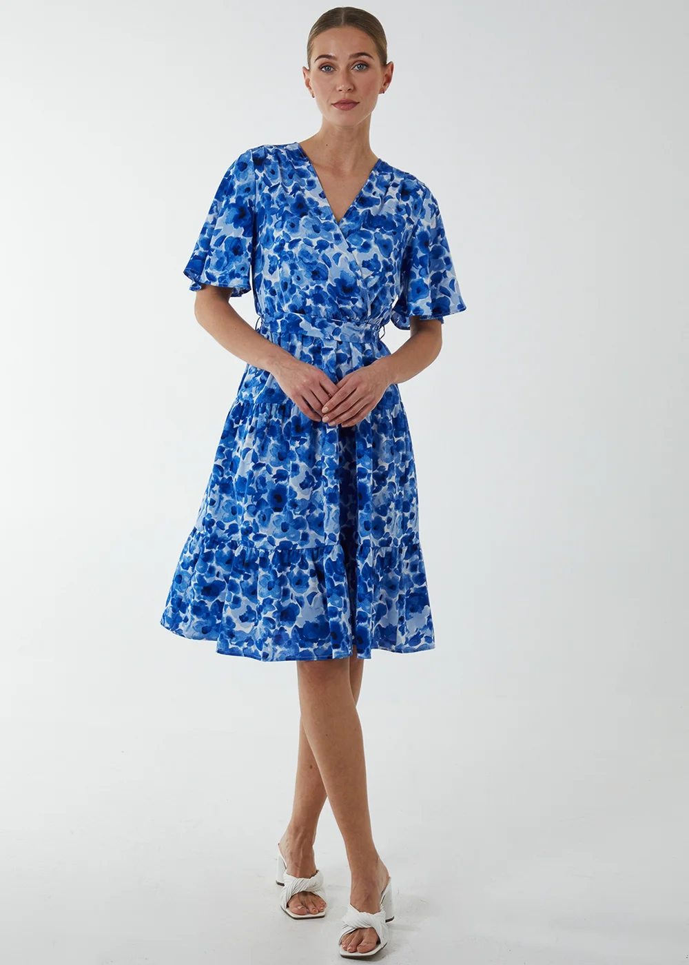 Blue Vanilla Blue Wrap Front Tier Hem Angel Sleeve Dress - 8 Image 4