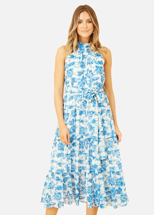 Yumi Blue Leaf Print Halter Neck Midi Dress - 8 Image 1