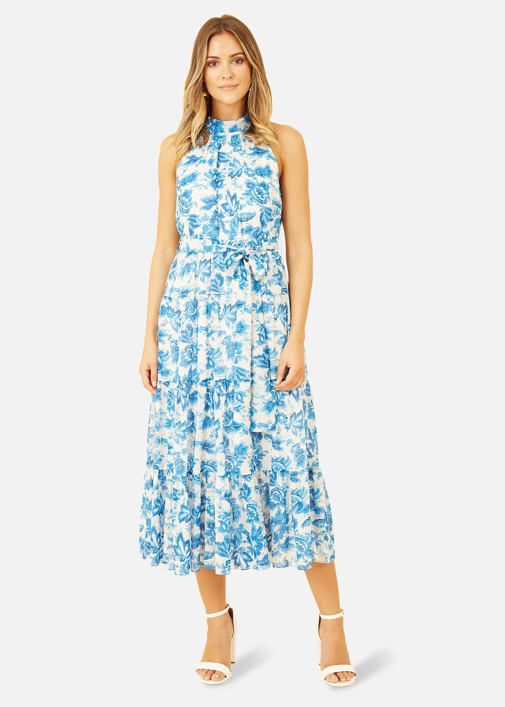 Yumi Blue Leaf Print Halter Neck Midi Dress - 8 Image 2