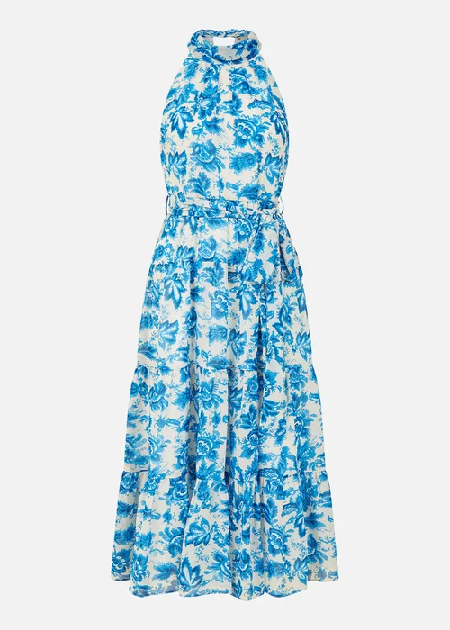 Yumi Blue Leaf Print Halter Neck Midi Dress - 8 Image 4