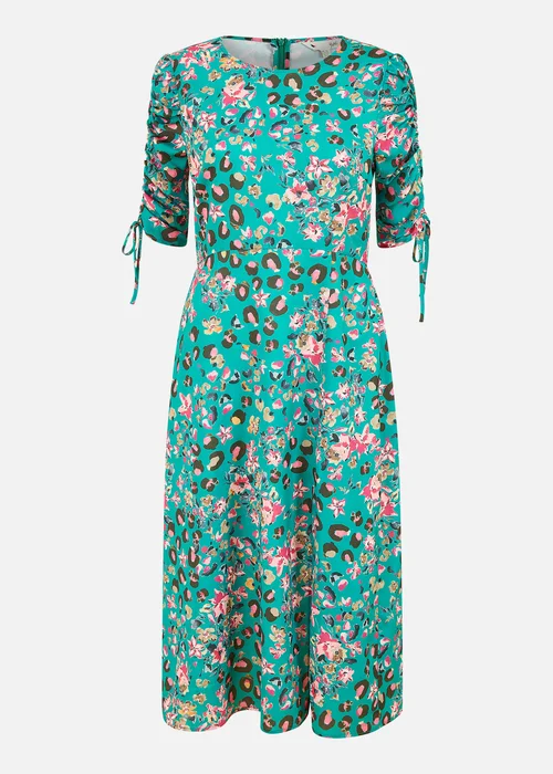 Yumi Green Animal Floral Print Ruched Sleeve Midi Dress - 8 Image 2