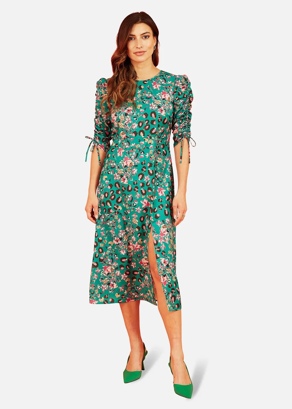 Yumi Green Animal Floral Print Ruched Sleeve Midi Dress - 8 Image 1