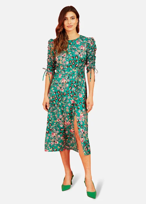 Yumi Green Animal Floral Print Ruched Sleeve Midi Dress - 8 Image 1
