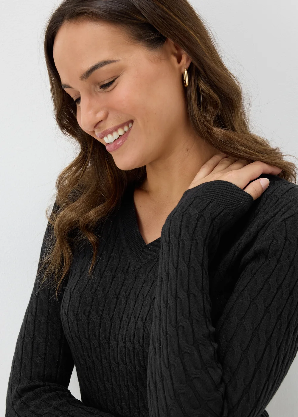 Black Cable Knit V Neck Jumper - 8 Image 3