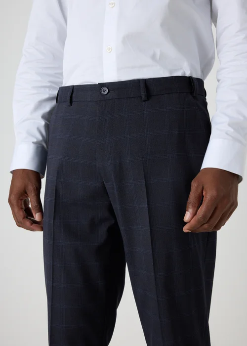 Taylor & Wright Navy Check Regular Fit Flexi Waist Trousers - 30 Waist 29 Leg Image 3