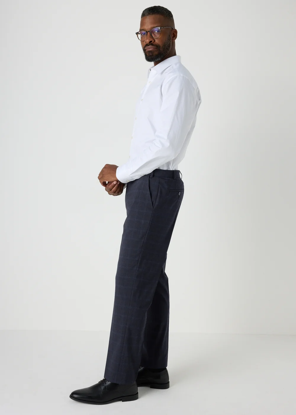 Taylor & Wright Navy Check Regular Fit Flexi Waist Trousers - 30 Waist 29 Leg Image 4