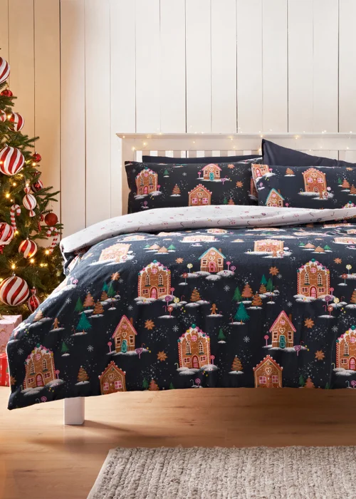 Joyful Navy Gingerbread House Brushed Duvet Set - Single Image 1