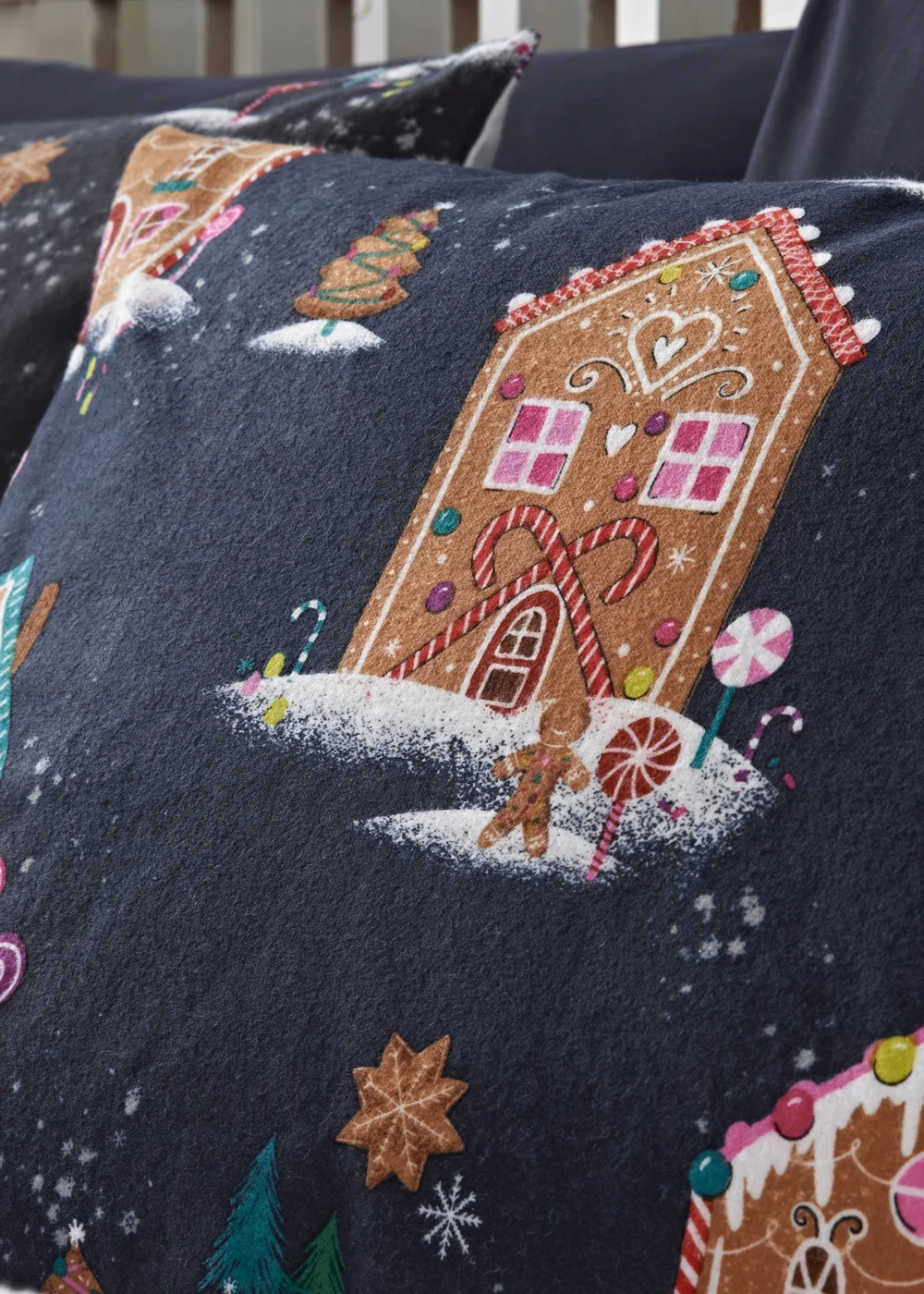 Joyful Navy Gingerbread House Brushed Duvet Set - Single Image 2