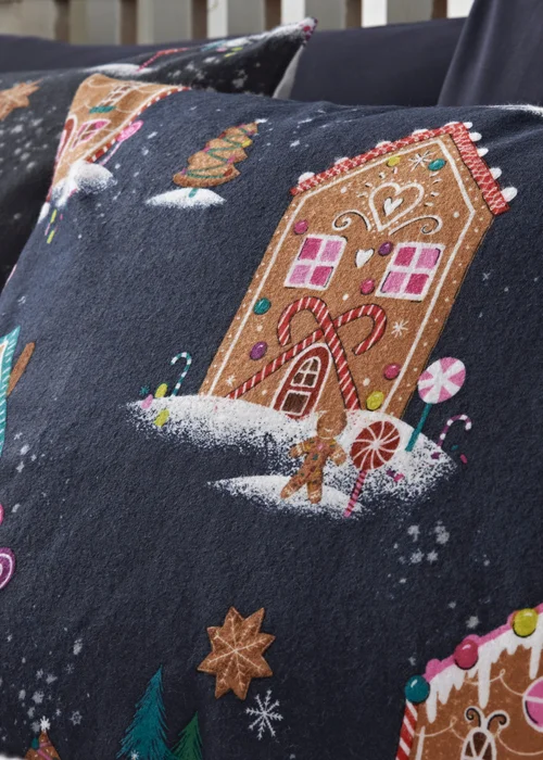 Joyful Navy Gingerbread House Brushed Duvet Set - Single Image 2
