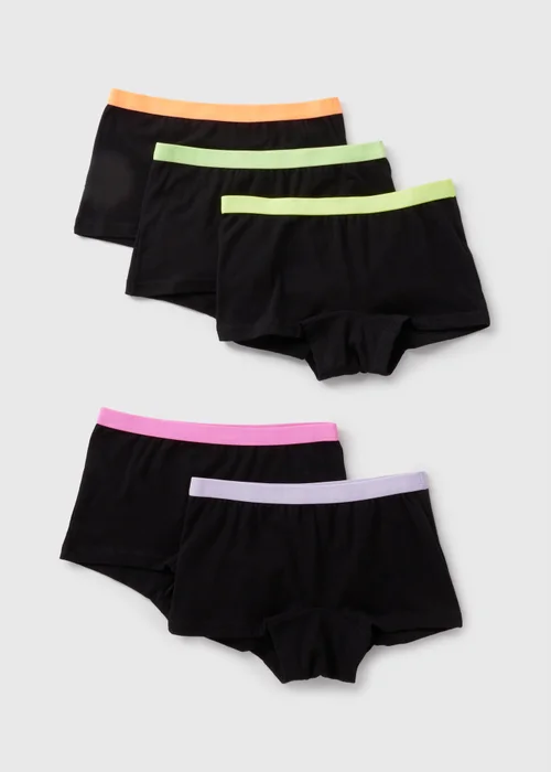 5 Pack Girls Black Neon Trim Hipsters (6-13yrs) - Age 6 - 7 Years Image 1