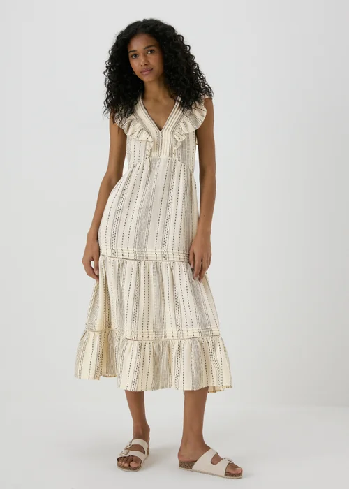 Cream Dobby Stripe Frill Midi Dress - 8 Image 4