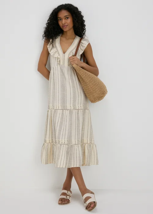 Cream Dobby Stripe Frill Midi Dress - 8 Image 1