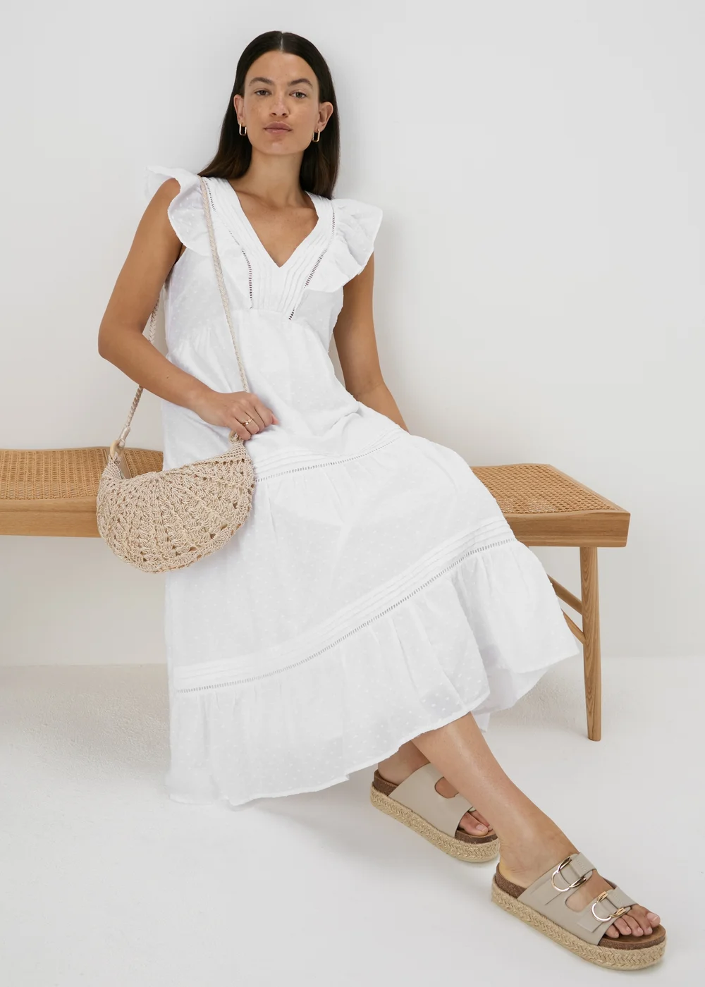 White Spot V-Neck Frill Midi Dress - 8 Image 1