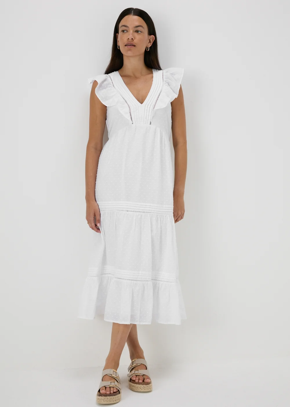White Spot V-Neck Frill Midi Dress - 8 Image 4