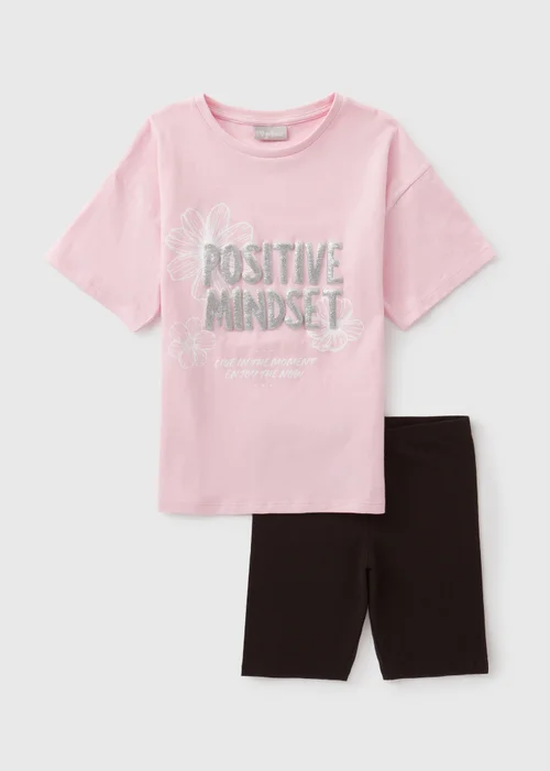 Girls Pink Positive Top & Shorts Set (7-15yrs) - Age 7 Years Image 1