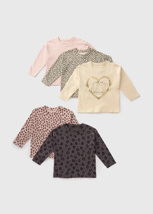 5 Pack Girls Leopard Print Long Sleeve Tops (1-7yrs) - 1-1.5 Yrs Image 1