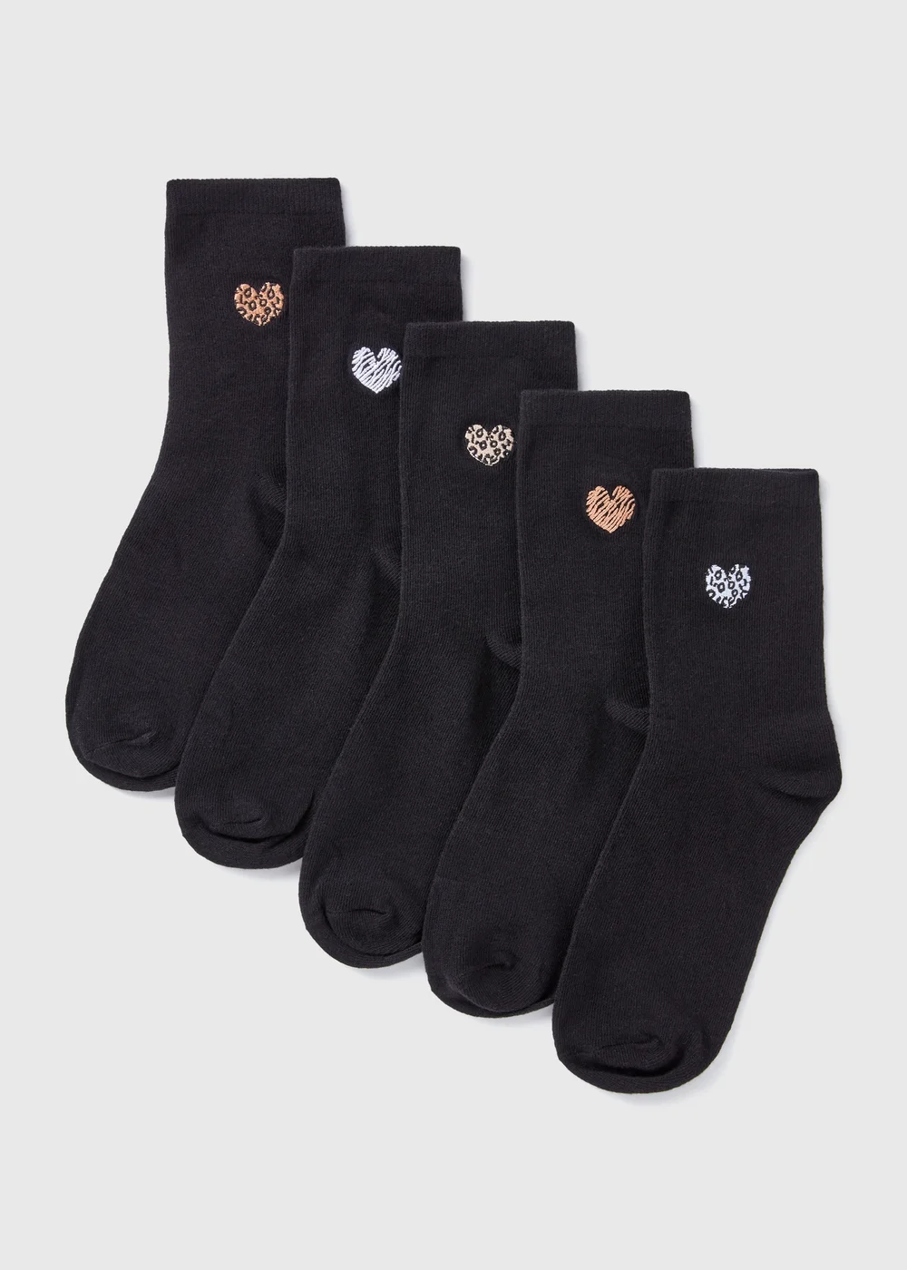 5 Pack Black Heart Embroidered Crew Socks - One Size Image 1