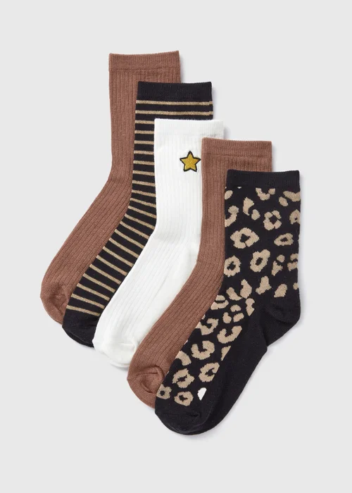5 Pack Brown Animal Print Crew Socks - One Size Image 1