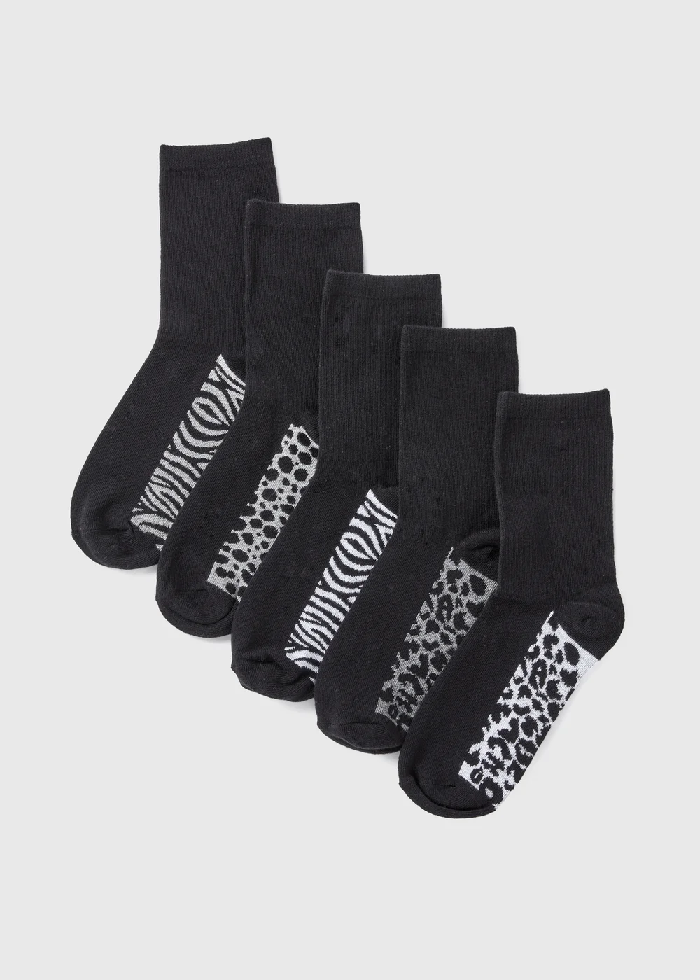 5 Pack Black Animal Print Crew Socks - One Size Image 1