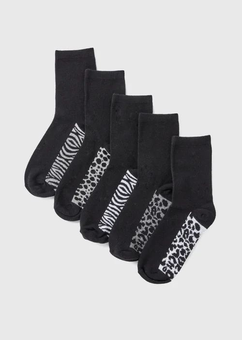 5 Pack Black Animal Print Crew Socks - One Size Image 1