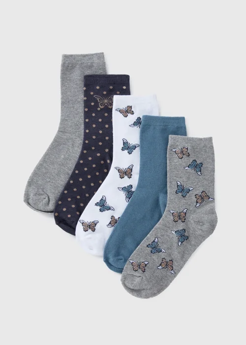 5 Pack Grey Butterfly Crew Socks - One Size Image 1