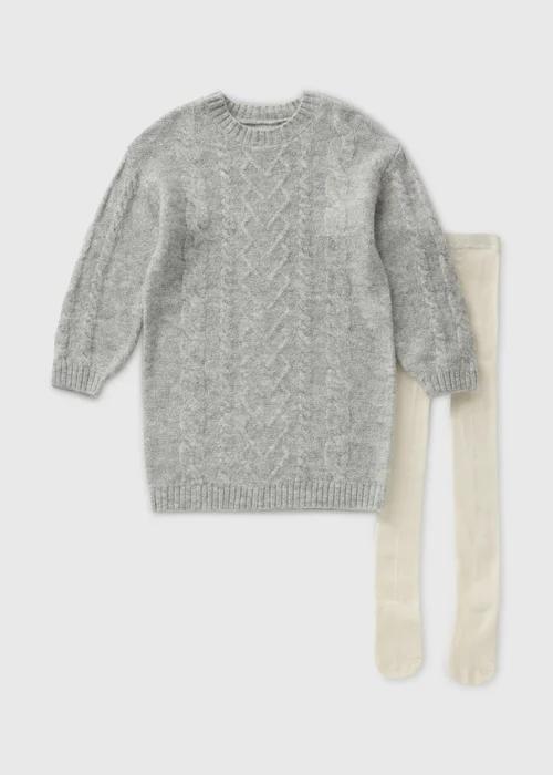 Girls Grey Cable Knit Dress & Tights Set (1-7yrs) - 1 half year to 2 Image 1