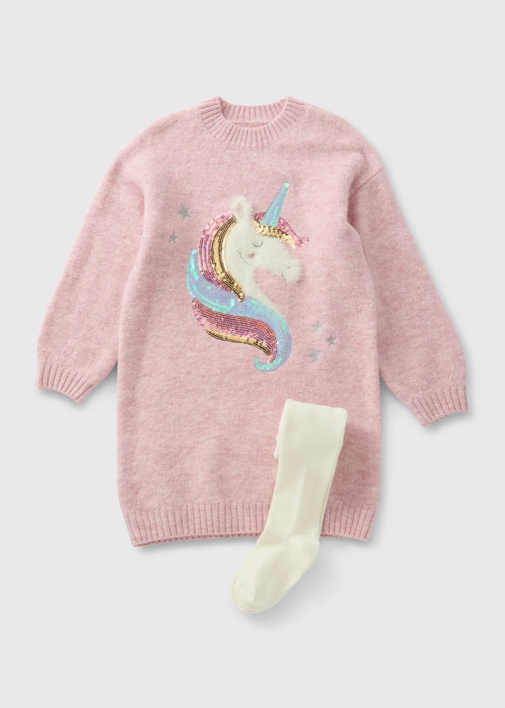 Girls Pink Knitted Unicorn Dress & Tights (1-7yrs) - 1 to 1 half years Image 1
