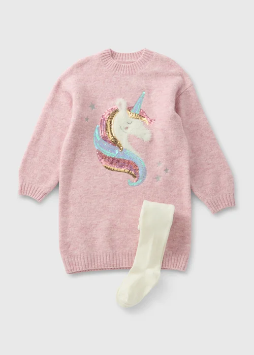Girls Pink Knitted Unicorn Dress & Tights (1-7yrs) - 1 to 1 half years Image 1
