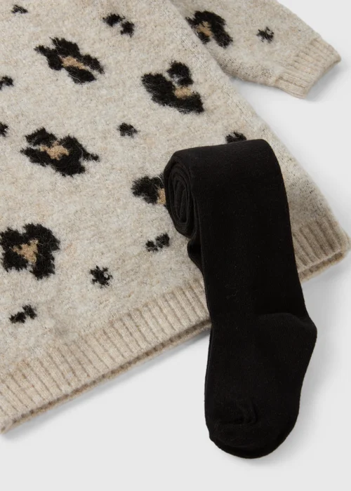 Girls Beige Leopard Knit Dress & Tights (1-7yrs) - 1-1.5 Yrs Image 2