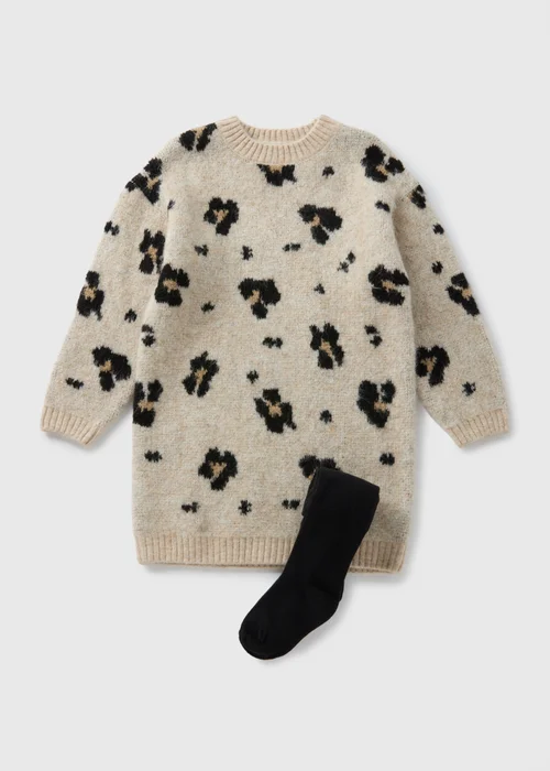 Girls Beige Leopard Knit Dress & Tights (1-7yrs) - 1-1.5 Yrs Image 1