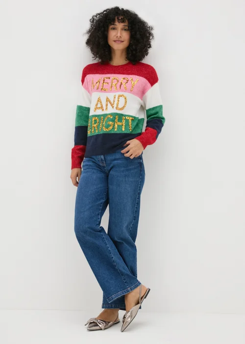 Joyful Multicolour Stripe Merry And Bright Jumper - XS Image 3