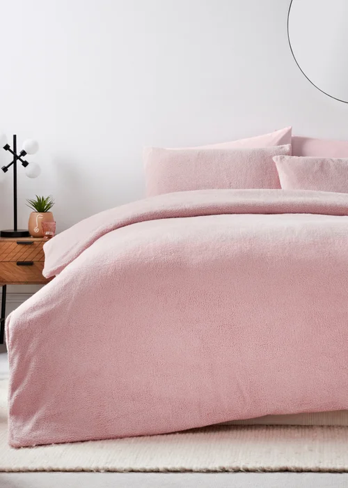 Pink Teddy Fleece Duvet Set - Single Image 1