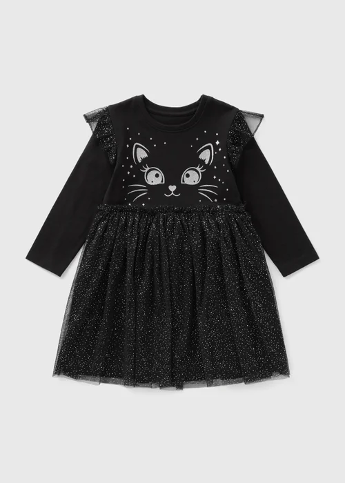 Girls Black Cat Mesh Dress (1-7yrs) - Age 2 - 3 Years Image 1