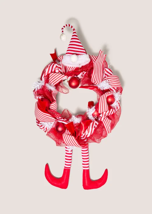 Joyful Red Christmas Candy Cane Hat Wreath Image 1