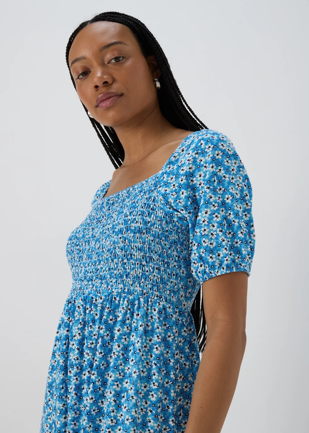 Blue Square Neck Shirred Midi Dress - 8 Image 3