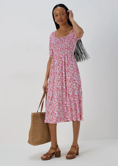 Multicolour Square Neck Shirred Midi Dress - 8 Image 4