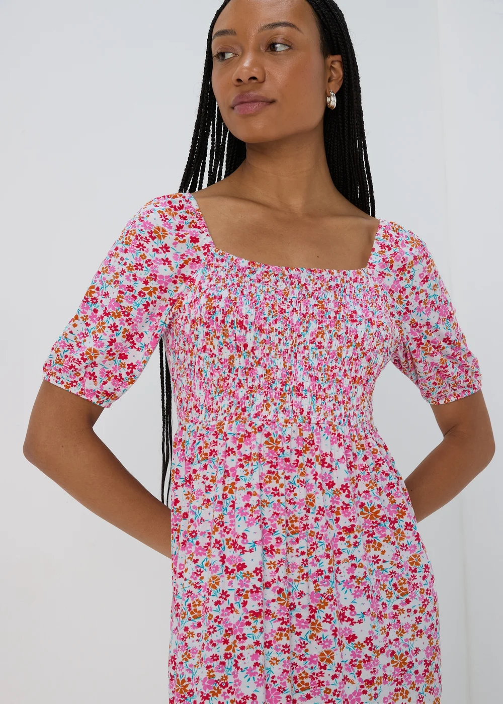 Multicolour Square Neck Shirred Midi Dress - 8 Image 1
