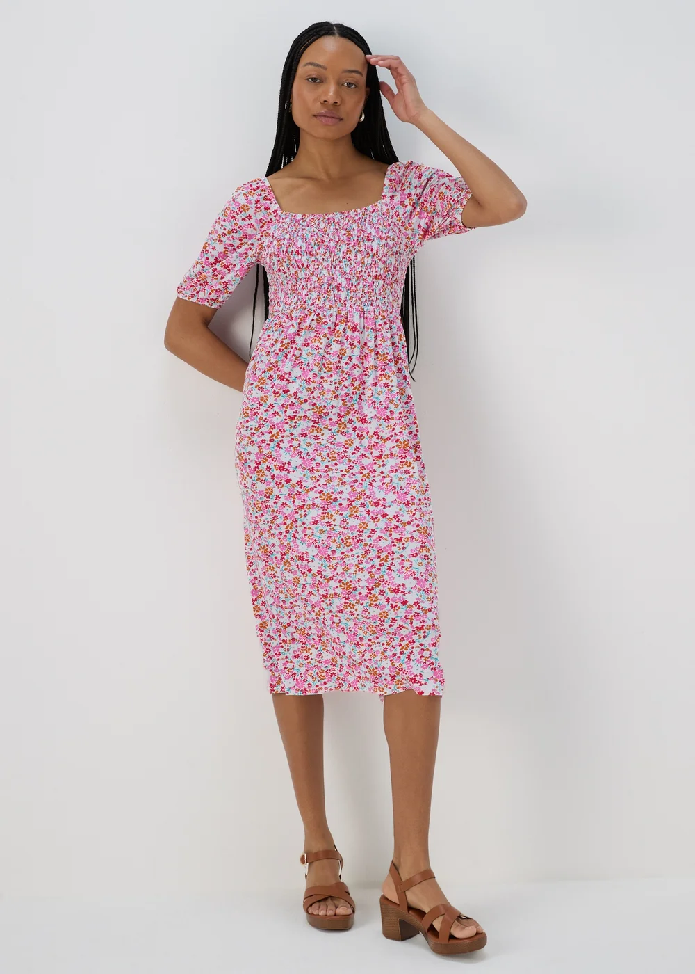 Multicolour Square Neck Shirred Midi Dress - 8 Image 3