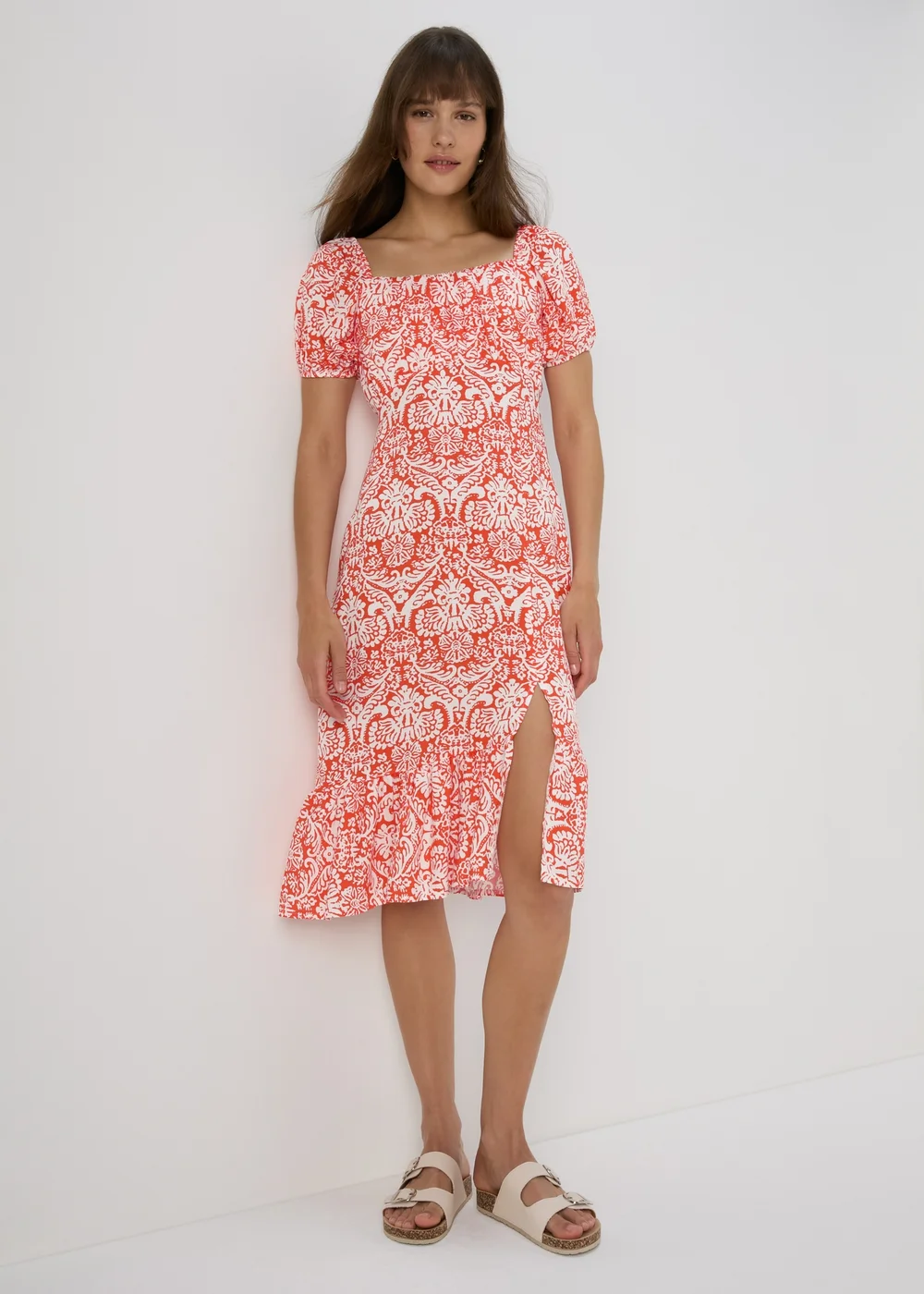Orange Frill Hem Square Neck Midi Dress - 8 Image 3