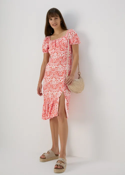 Orange Frill Hem Square Neck Midi Dress - 8 Image 4