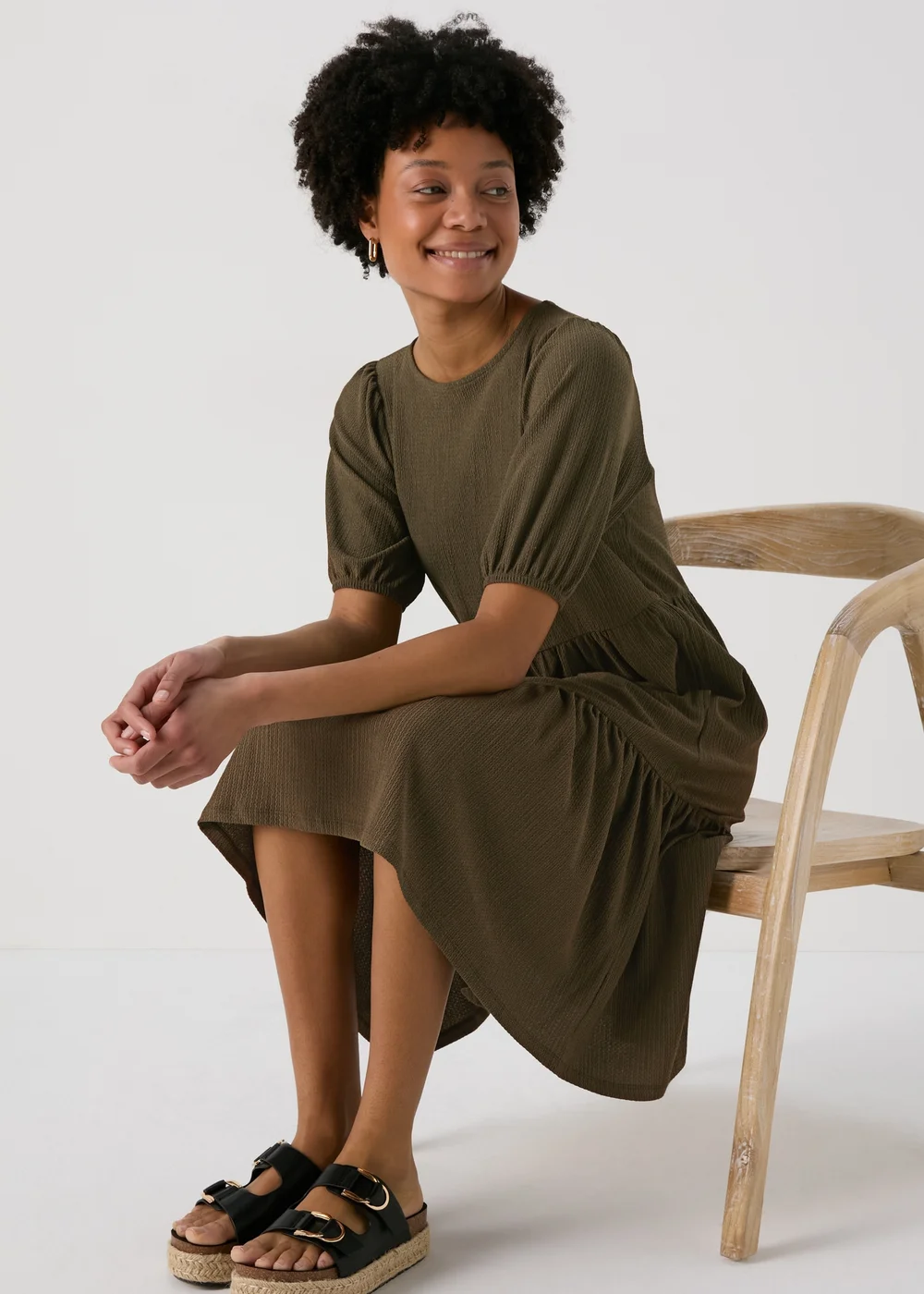 Khaki Textured Tiered Dress - 8 Image 4